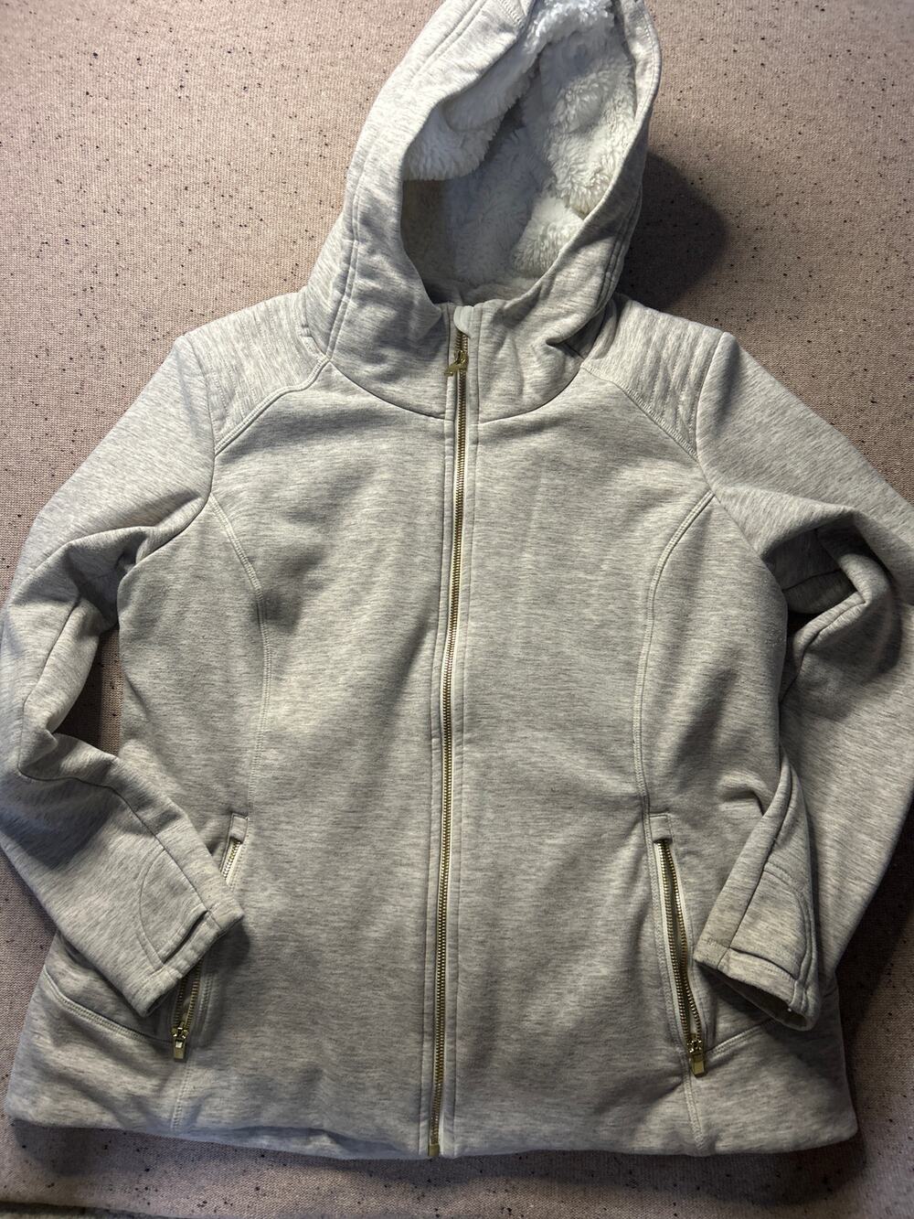 Athleta Jacket Women's XL Faux Fur Lined Light Weight Oatmeal Gold Accents